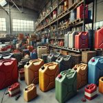 Realistic image of industrial and household jerry cans in various sizes and colors, placed in an industrial warehouse, a mechanic's garage, and a residential backyard.