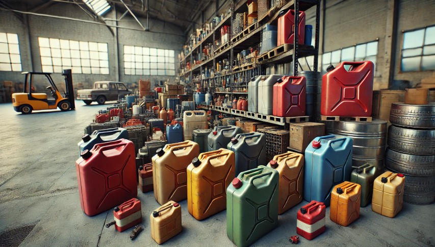 Realistic image of industrial and household jerry cans in various sizes and colors, placed in an industrial warehouse, a mechanic's garage, and a residential backyard.